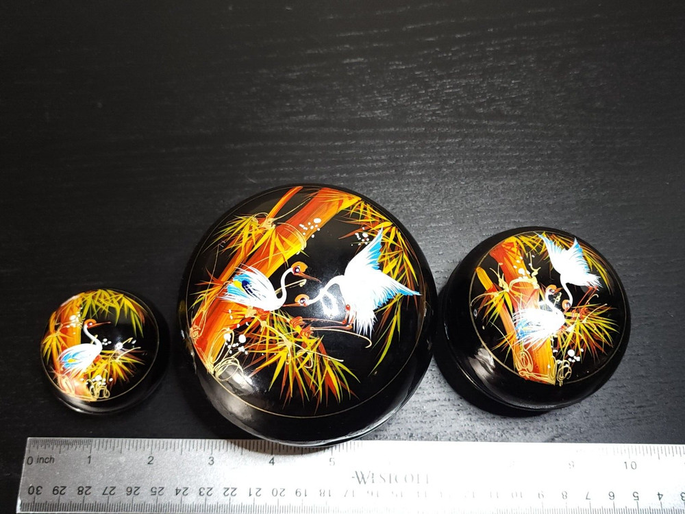 Painted Enamel STORKS ON THREE NESTING TRINKET BOXES Asian Lacquerware VIETNAM