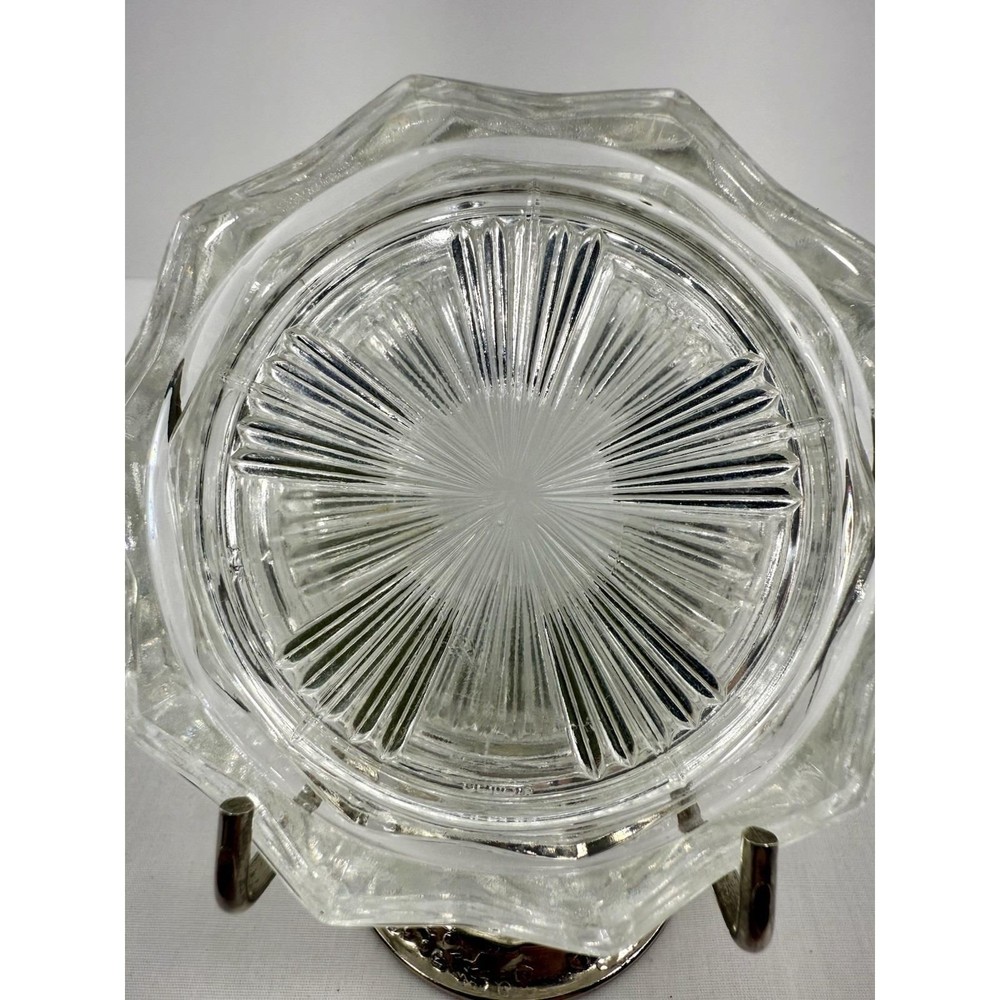 REIMS Coaster Set w/ Silver Plate Holder Pressed Glass Starburst Pattern Vintage