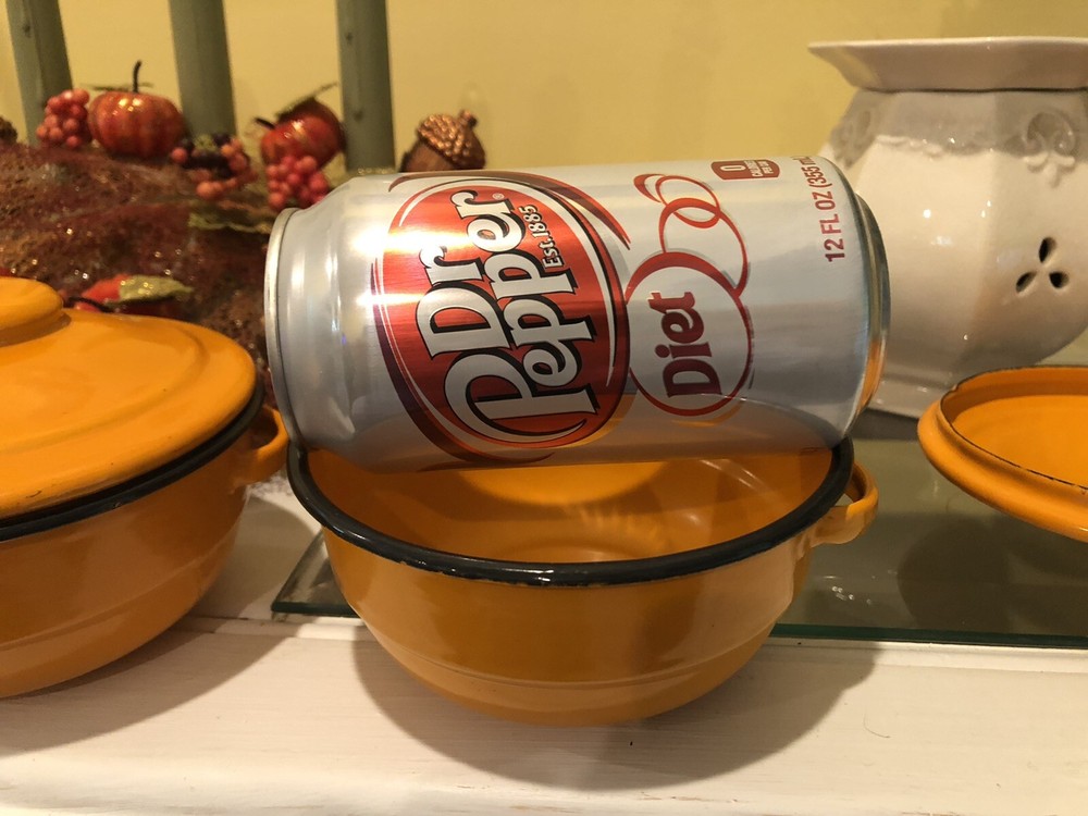 Vintage Enamelware Metal Mini Pots With Lids Orange