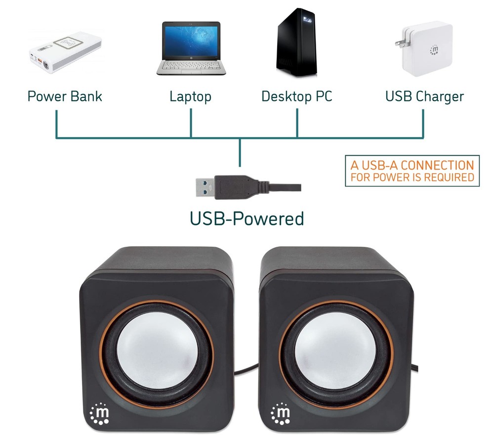 Manhattan USB Powered Stereo Speaker System - Small Size - 2", Black Orange