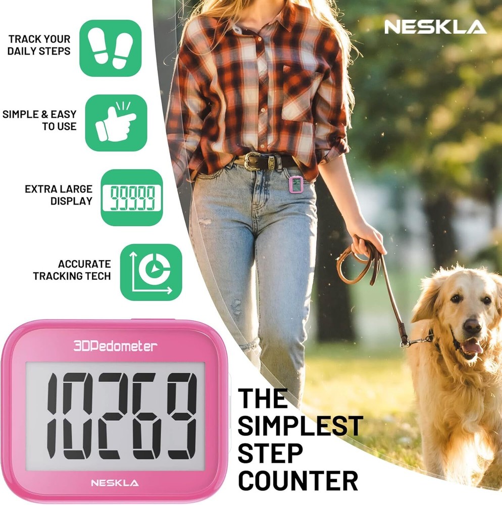3D Pedometer for Walking, Simple Step Counter with Large Digital Display,