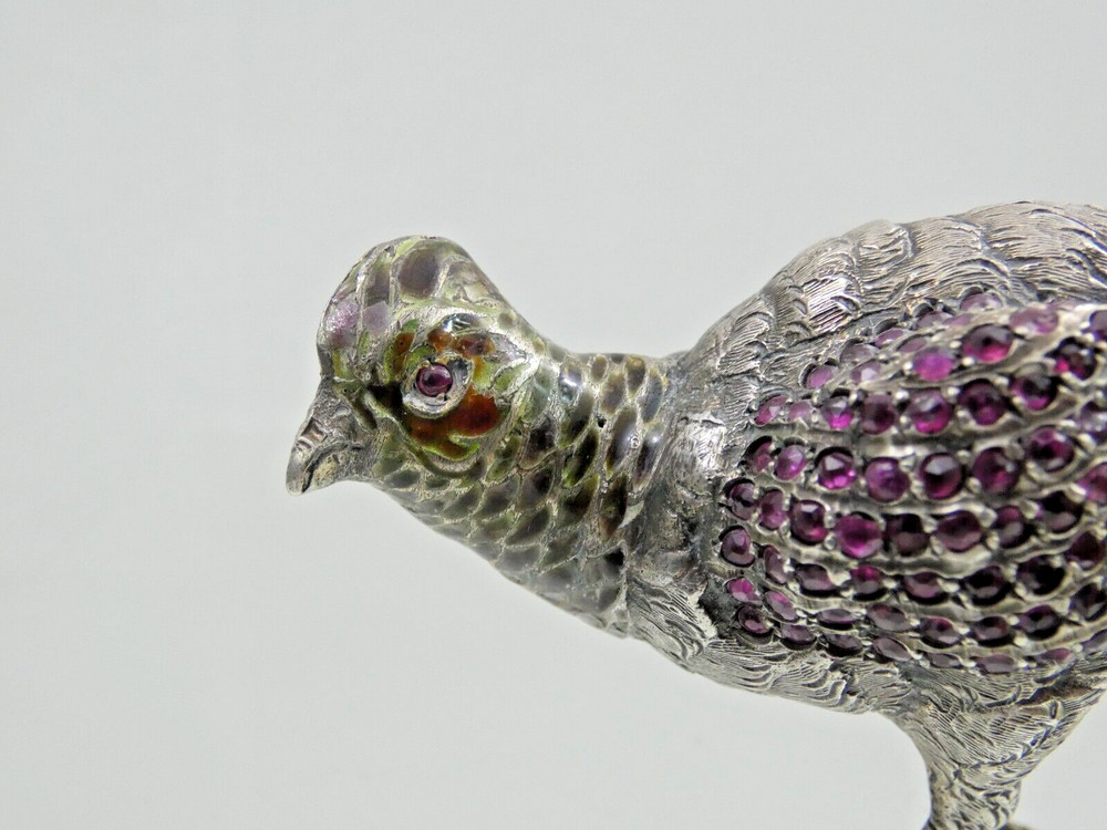 ANTIQUE AUSTRIAN Vienna SILVER ENAMEL MINIATURE BIRD PHEASANT gemset real ruby