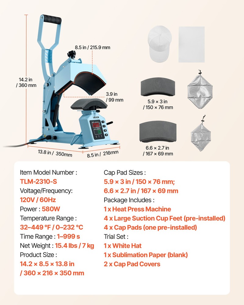 VEVOR Hat Heat Press Machine with 2 Interchangeable Platens for Caps Light Blue