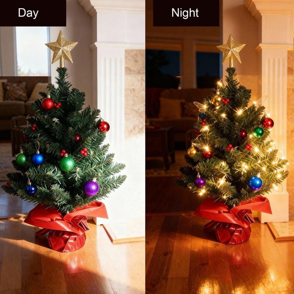 24 Inch Tabletop Christmas Tree, Artificial Mini Xmas Pine Tree with LED Stri...