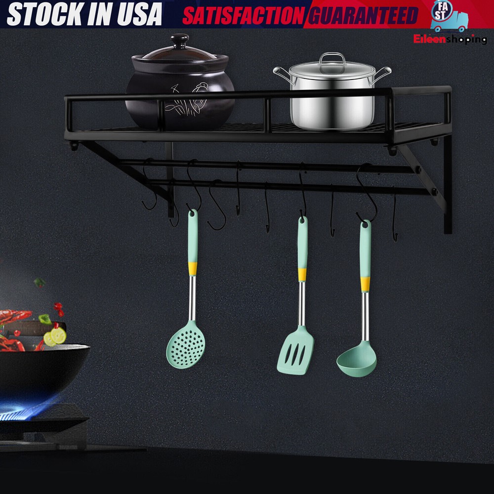 Kitchen Wall Mounted Storage Shelf Cookware Pan Pot Organizer Rack with 10 Hooks