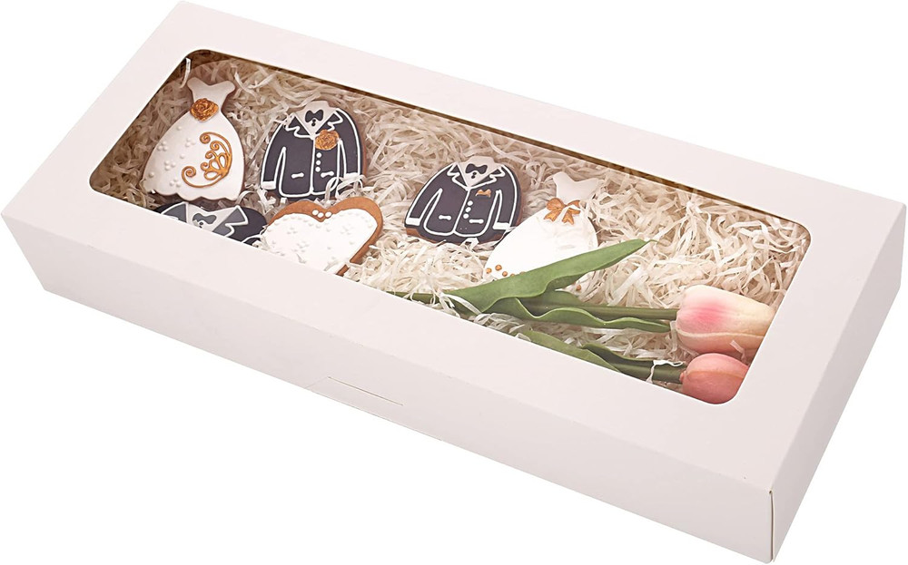 20-Pack 16" X 6.5" X 2.5" Cookie Boxes with Window, White Bakery Boxes, Strawber