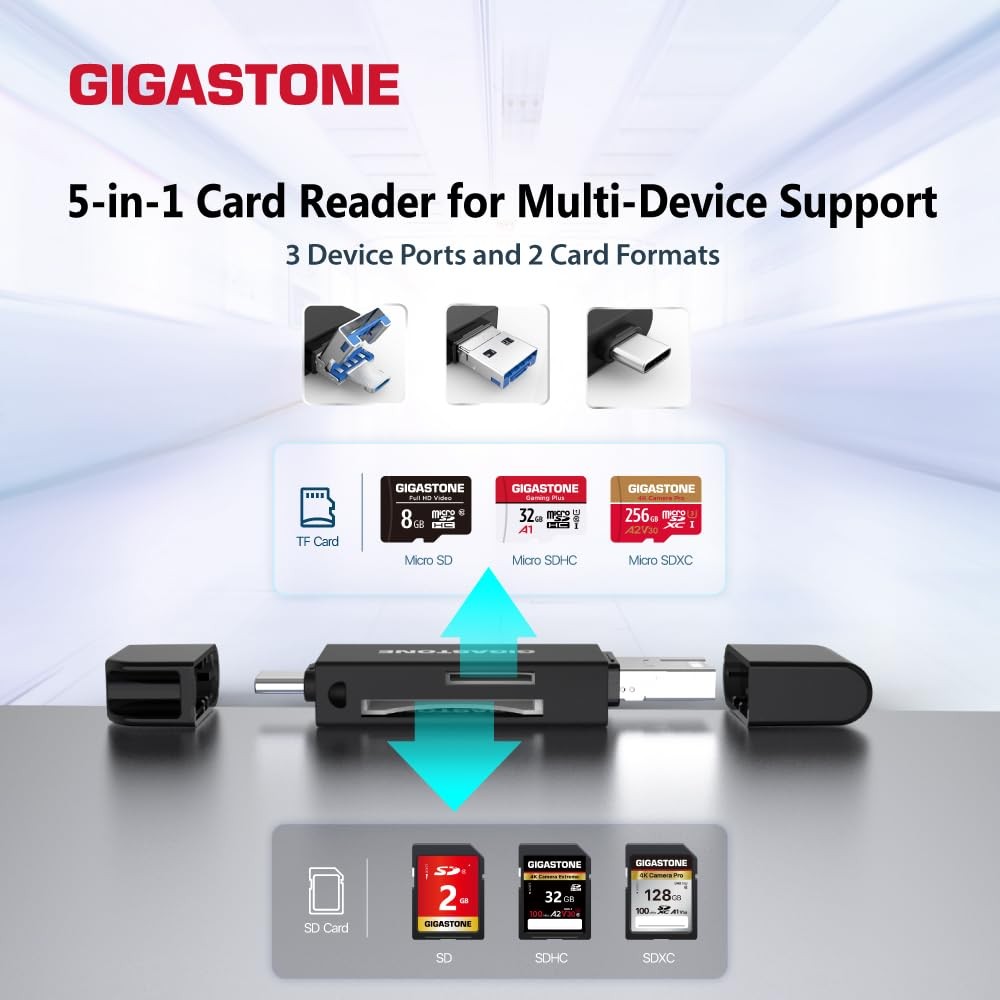 GIGASTONE SD Card Reader, 5-in-1 USB-A/USB-C Reader 1 Pack