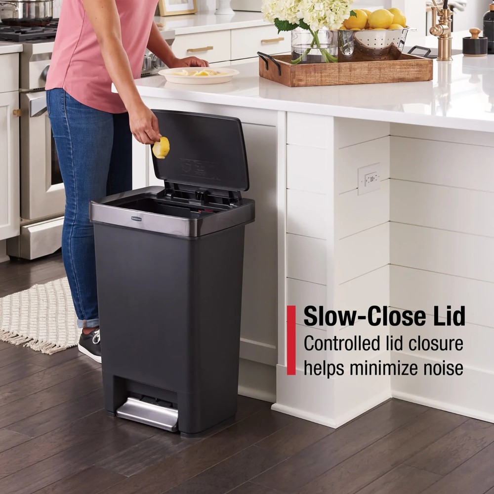 Rubbermaid Kitchen Trash Can, 12.4 Gallon Plastic Step Garbage Bin with Stainles
