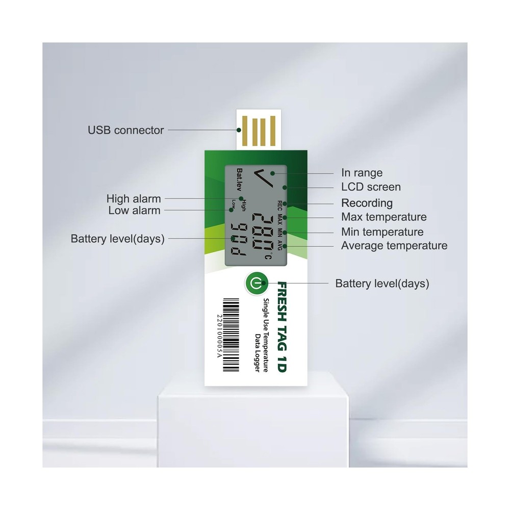 Freshliance Temperature Data Logger with LCD Display, Single Use USB Temperat...