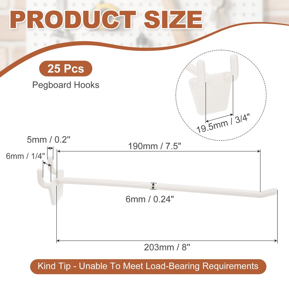 Pegboard Hooks, (8 Inch, Milky White) (25 Pcs), Plastic Peg Board Utility Hook