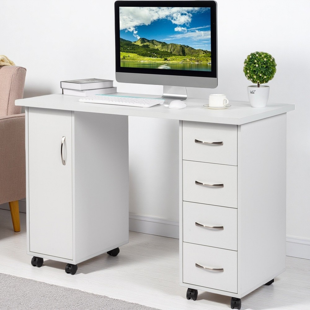 Rolling Computer Desk - White, 4-Drawer, Shelves Storage & MDF ​Nail Table​