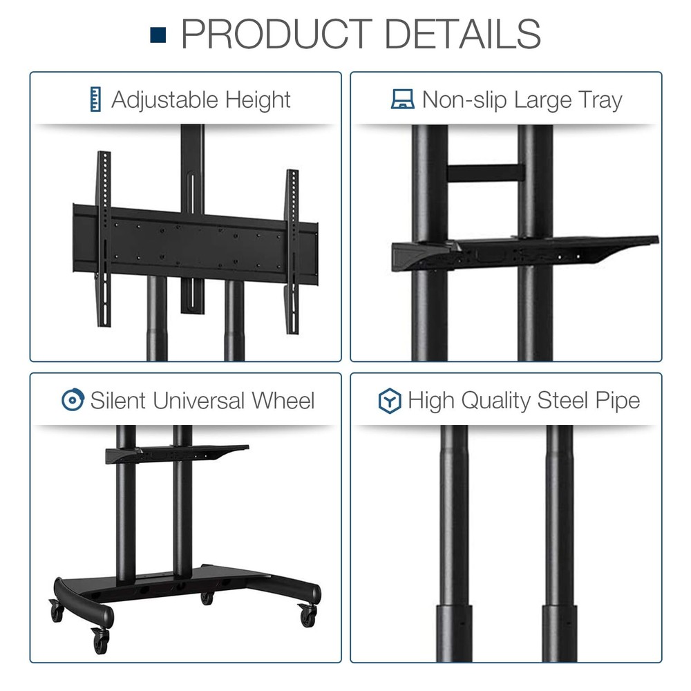 Adjustable Rolling Mobile TV Stand Mount Cart for Universal Flat Screen 55''-80"