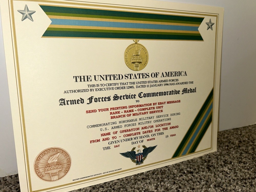 ARMED FORCES SERVICE MEDAL COMMEMORATIVE CERTIFICATE ~ W/PRINTING TYPE-1