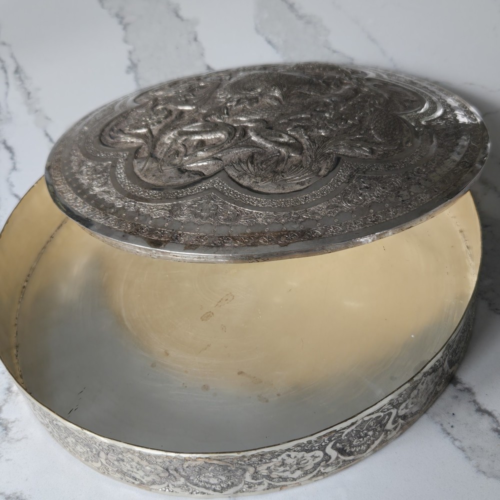 Large Beautiful Middle Eastern Silver Dome Top Round Box