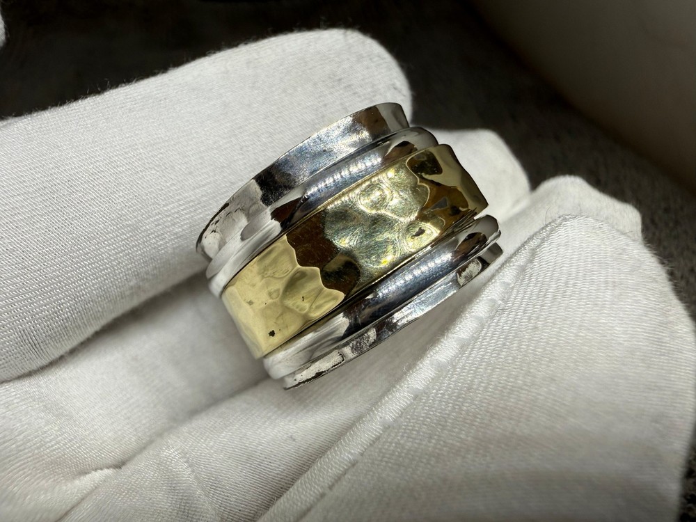 Solid 925 Sterling Silver with Brass Two Tone Fidget Spinner Worry Handmade Ring