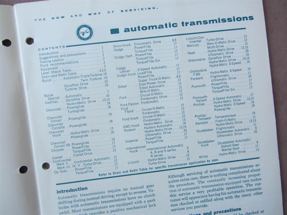 1961 Valvomatic Manual for Servicing Automatic Transmissions Charts by Vehicles