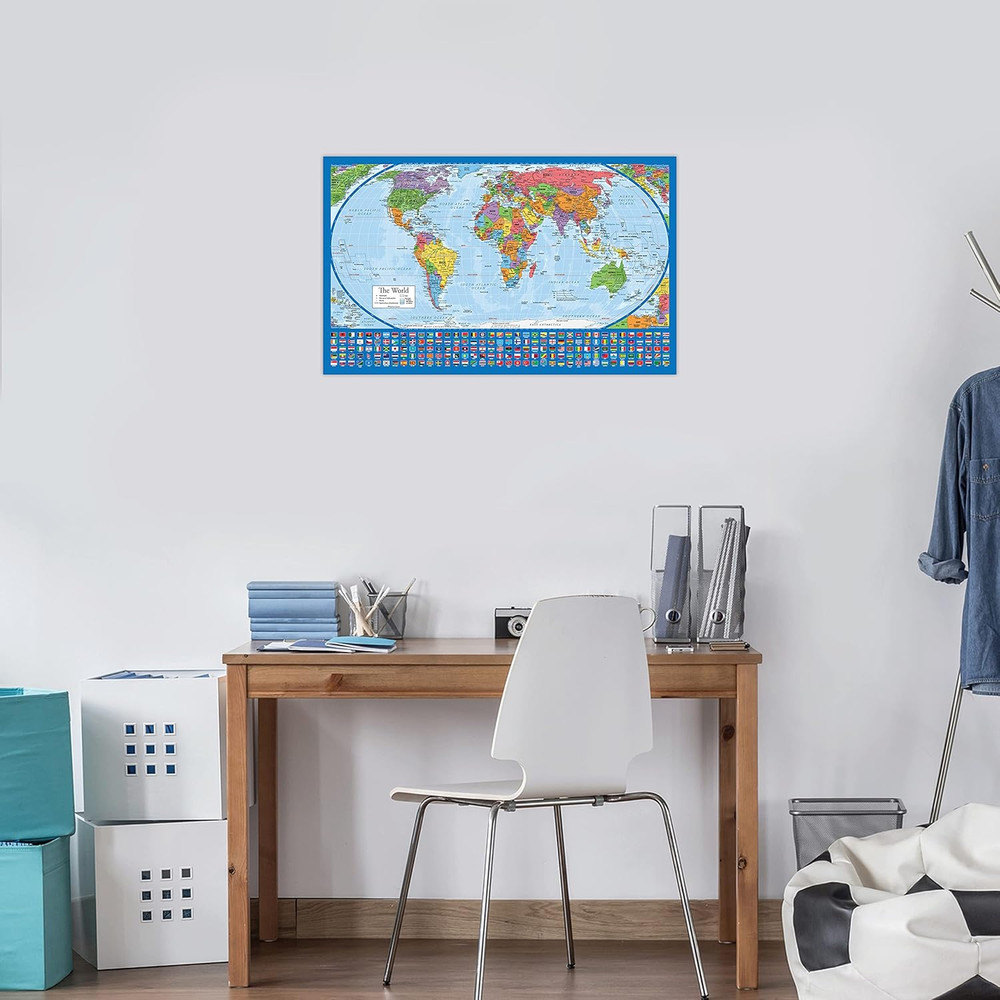 2 Pack - Laminated World Map Poster & USA Map Set - Equal Earth World Map Design