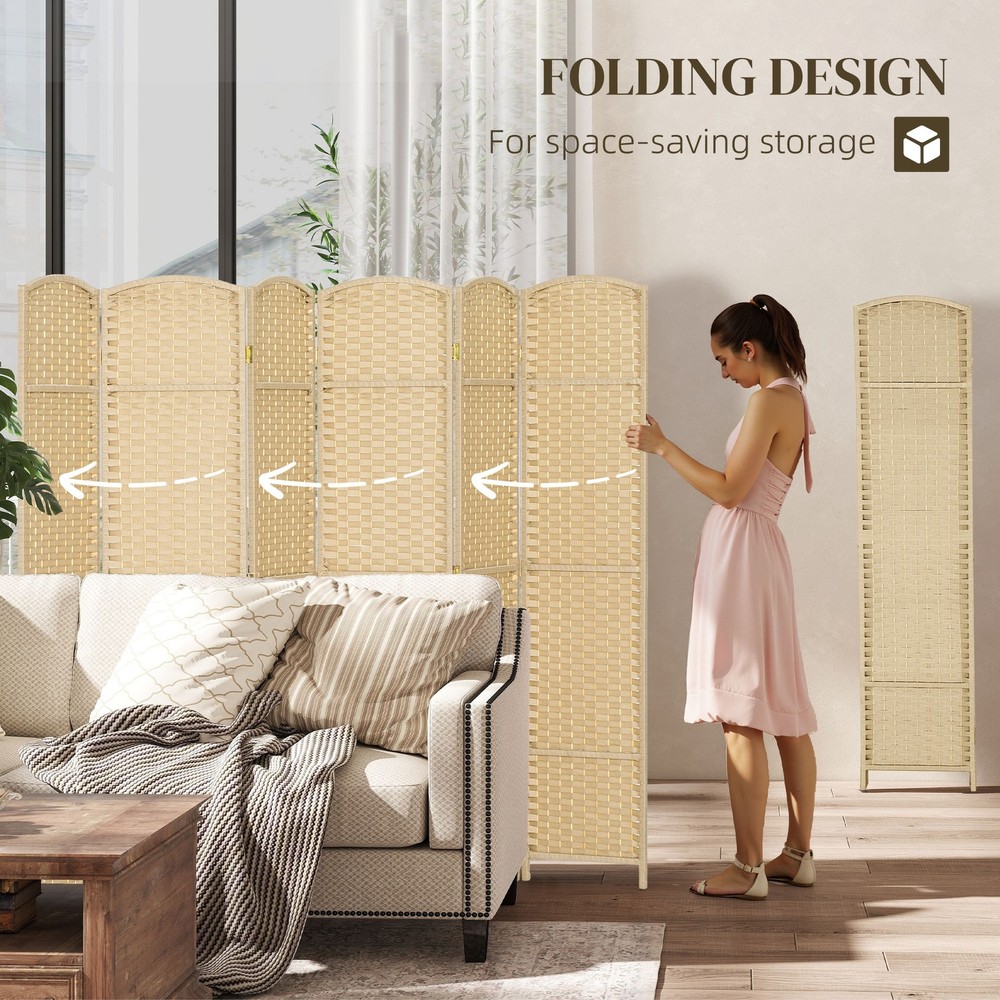 6 Panel Room Divider Freestanding Folding Privacy Screen, Beige