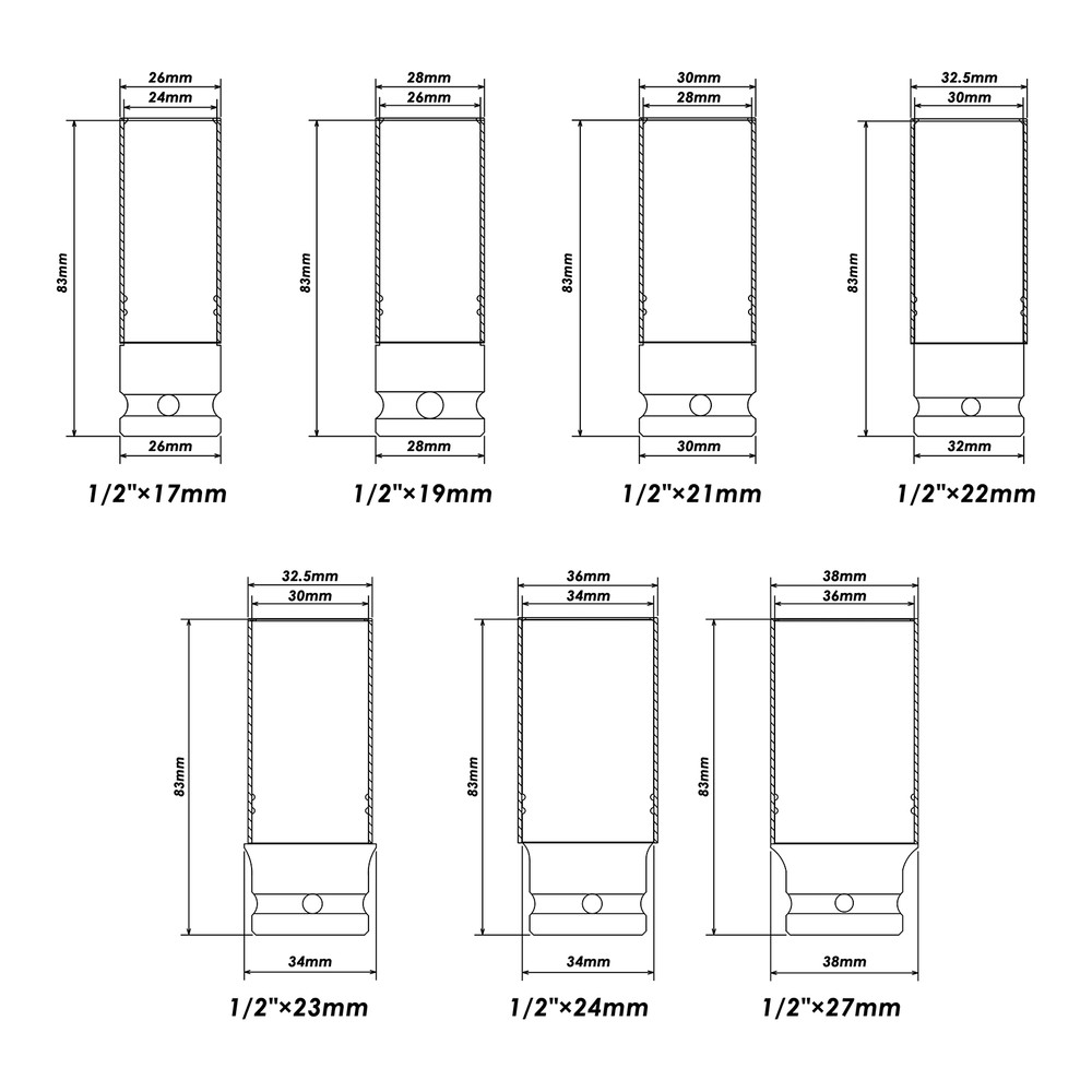 1/2" Drive Wheel Protector Impact Socket, Extra Thin Wall, Rim Protect Sleeves