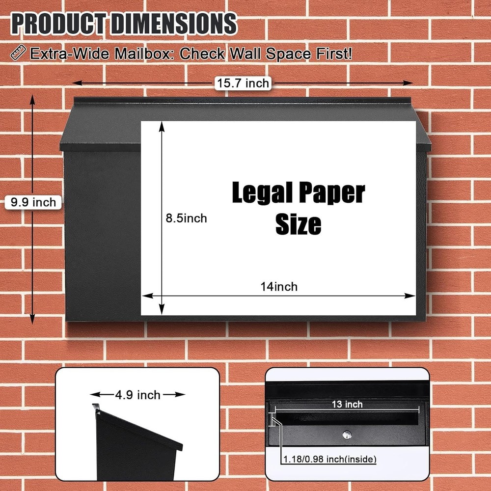 Large Capacity Locking Wall Mount Mailbox - Black