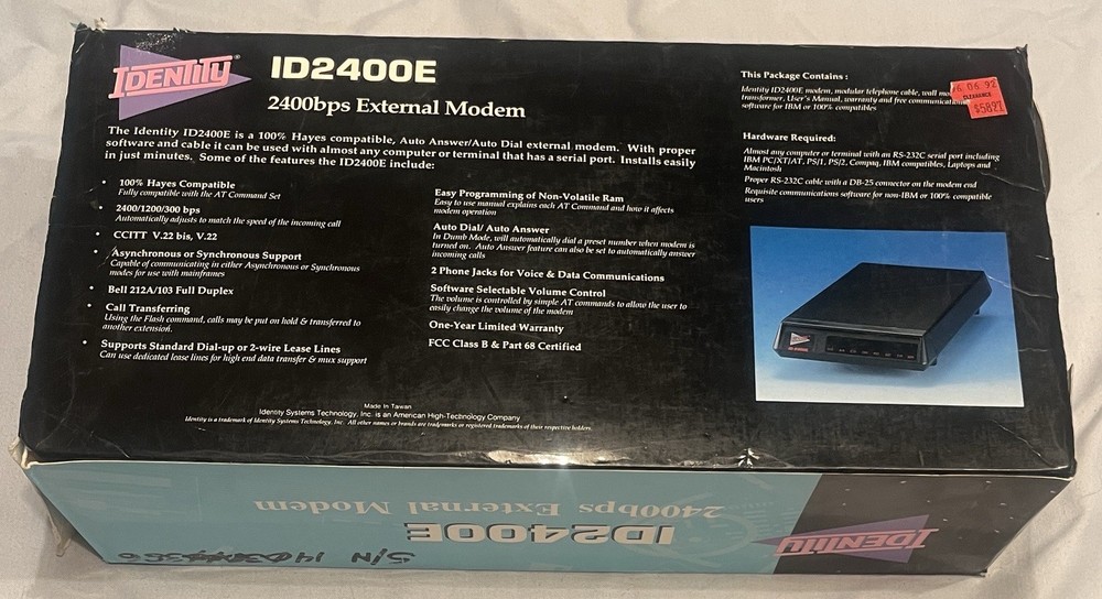 Identity External Modem ID2400E 2400 Bps w/Cords & Manual