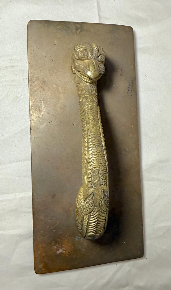 Antique ornate tooled brass fixed figural griffin serpent door handle hardware