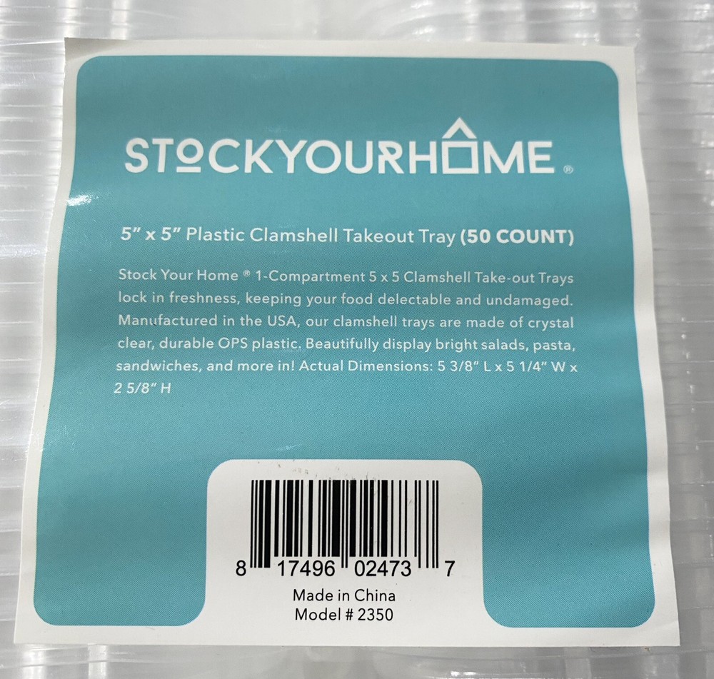 Take-Out Containers Clear Hinged Clam Shell Boxes (50 Pack) 5"x 5"x 3. New