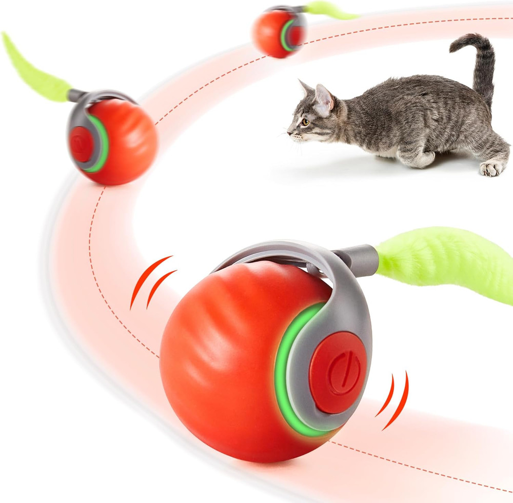 Orange Interactive Cat Toy Moving Rolling Ball Feather Tail Rechargeable Kitten