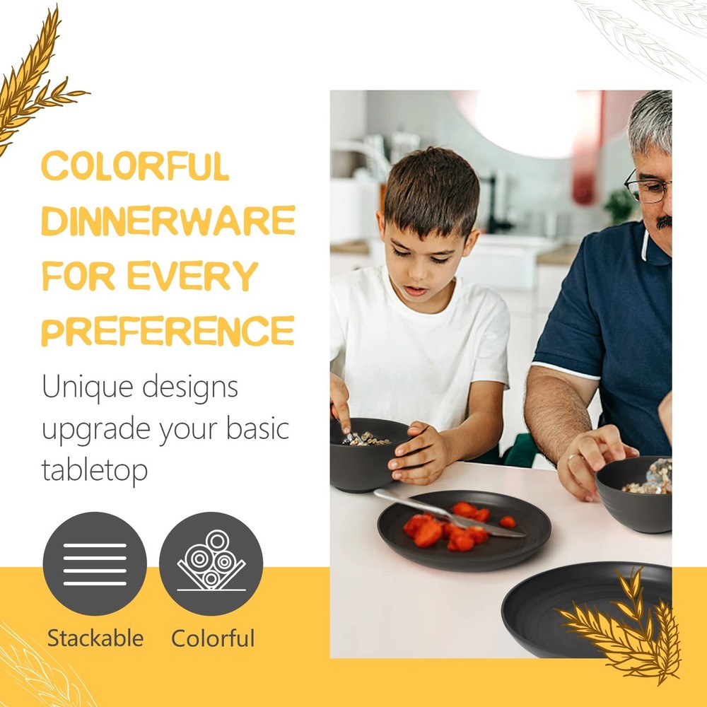 16-Piece Kitchen Plastic Wheat Straw Dinnerware Set, Service for 4, Dinner Pl...