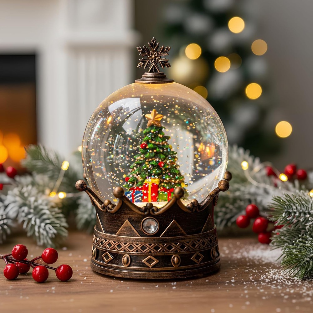Charming Glittering Christmas Tree Crown Snow Globe with USB & Battery Modes