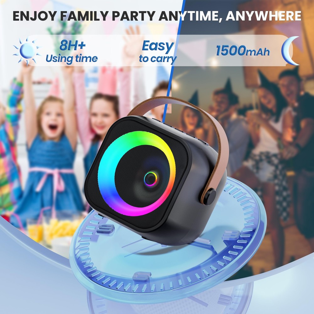 Mini Karaoke Machine, Portable Bluetooth Speaker 2 Mics, Black 2 Mics