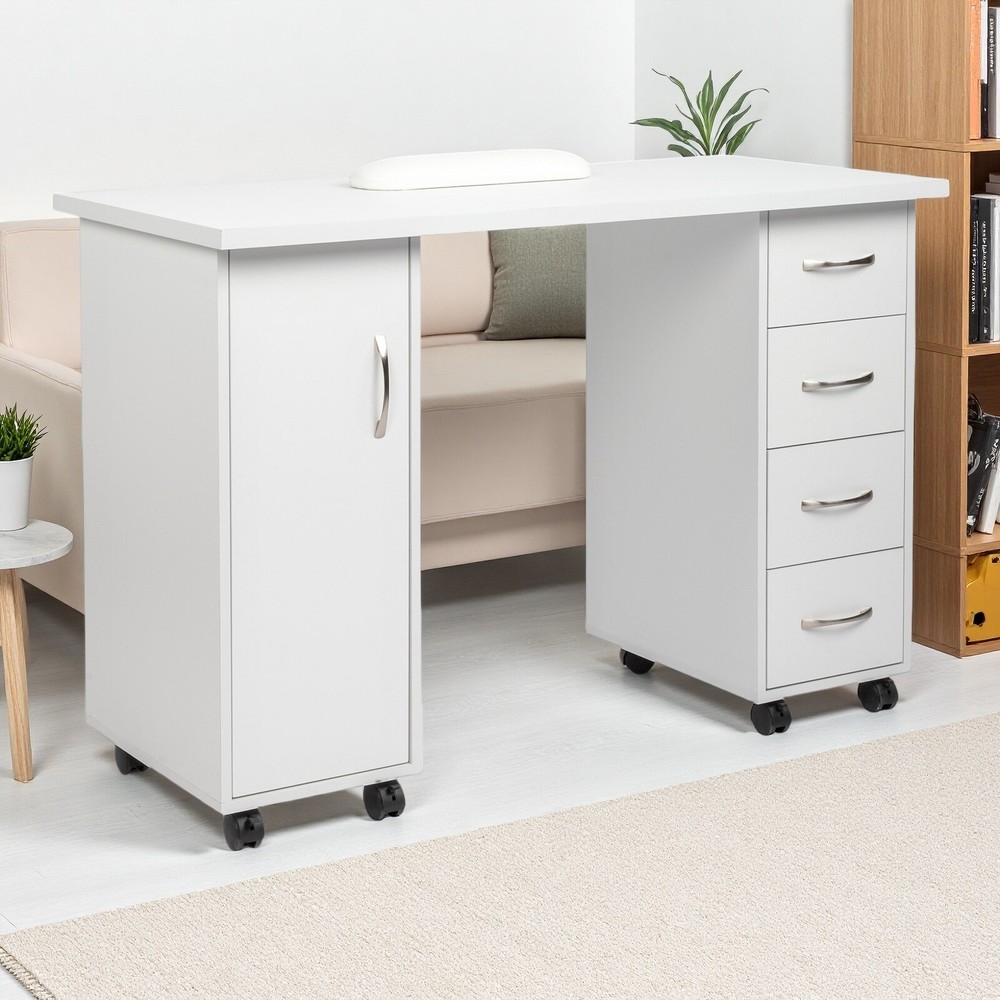 Rolling Computer Desk - White, 4-Drawer, Shelves Storage & MDF ​Nail Table​