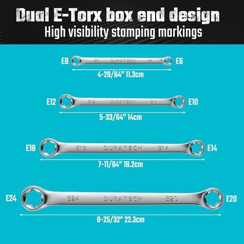 4-Piece E-Torx Wrench Set, Double Box End, CR-V Steel, E6-E24, Organized Pouch