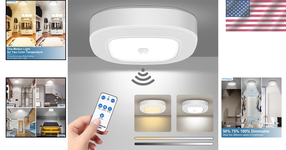 Dimmable Battery Powered Motion Sensor Ceiling Light with Remote Control
