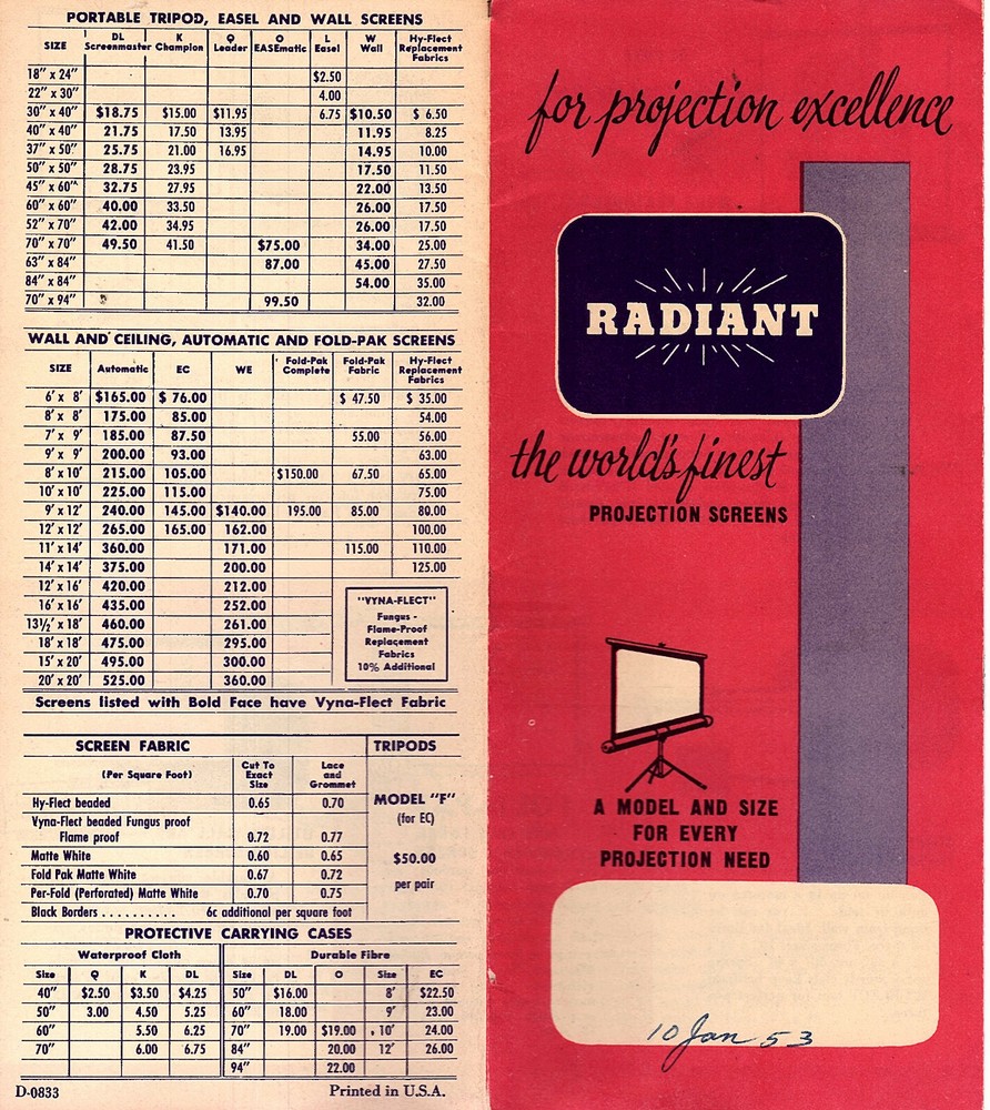 Radiant Screenmaster Projection Screens Vtge Brochure Various Models Features