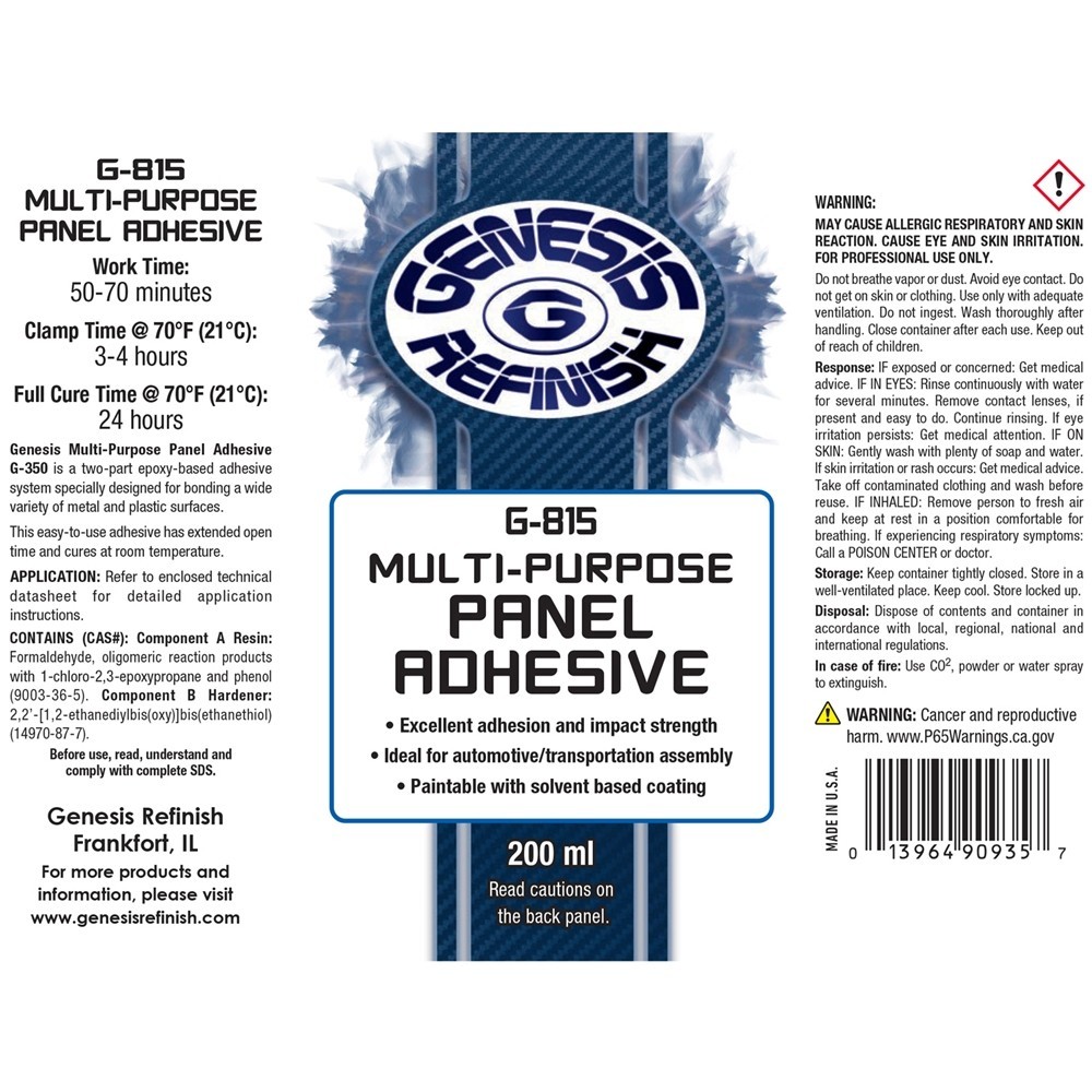 GENESIS REFINISH MULTI-PURPOSE 2-PART PANEL ADHESIVE 200ML CARTRIDGE