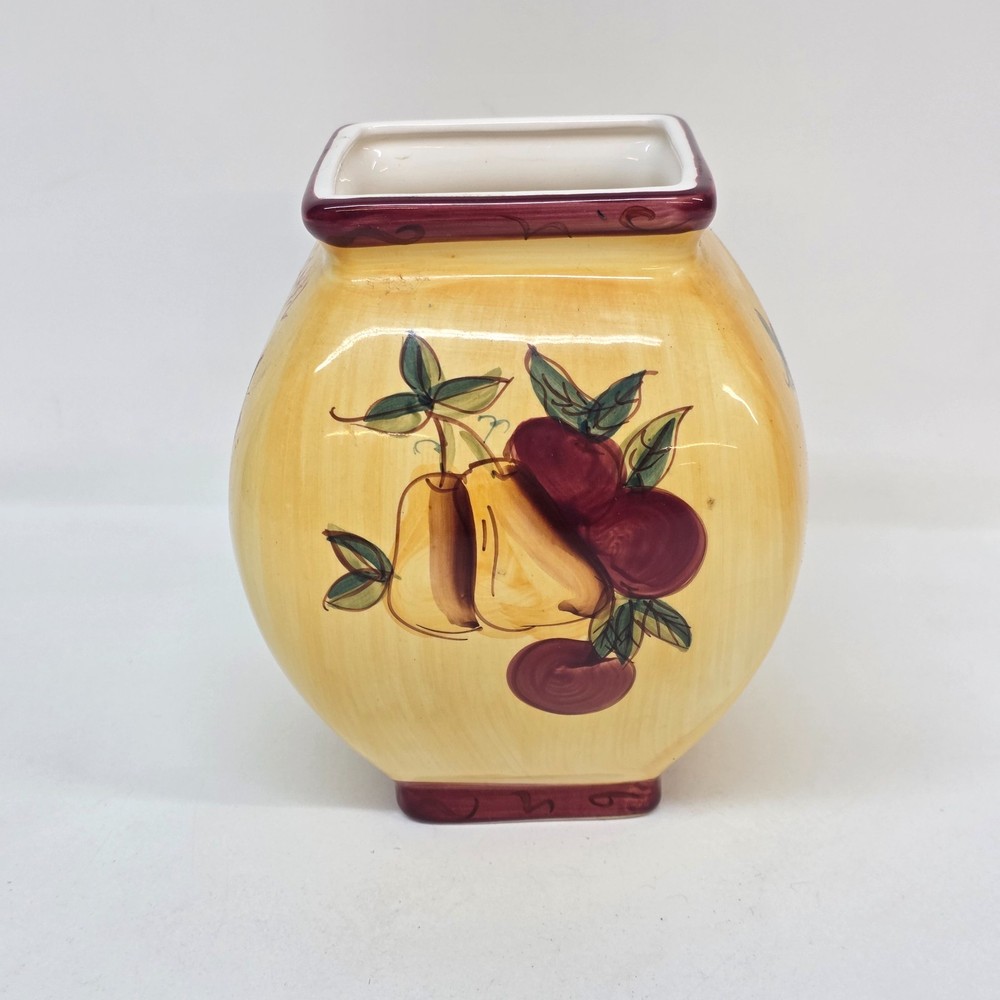 Hand-Painted Ceramic Square Vase with Fruit Design – Rustic Country Kitchen Deco