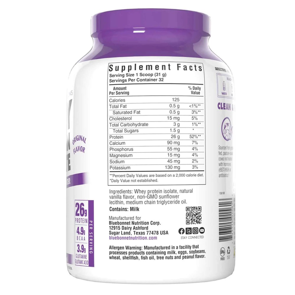 Bluebonnet Whey Protein Isolate Powder Original 2.2 lbs