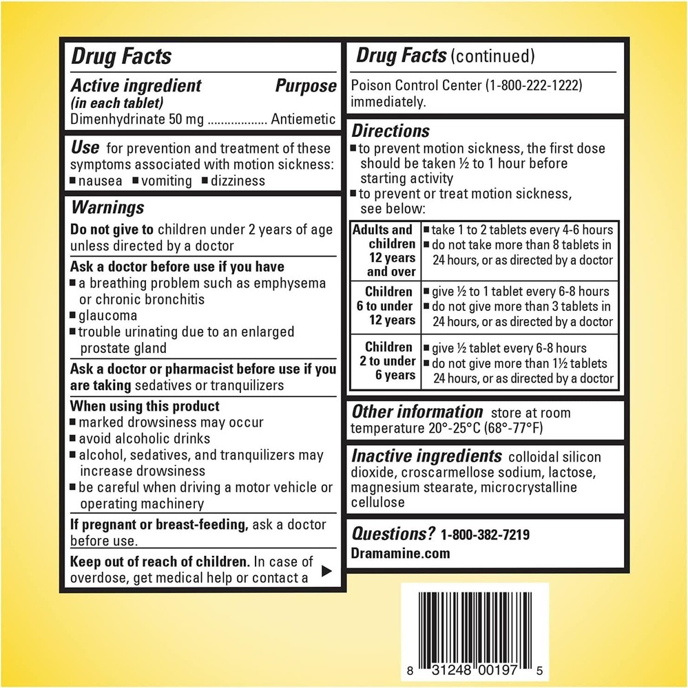 Dramamine Tablets Original Formula, 12 Tablets