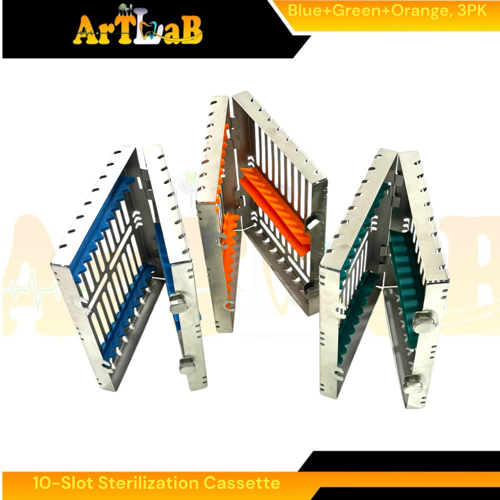 3pk Sterilization Cassettes with 10 Slots, Double-Button, Detachable, German