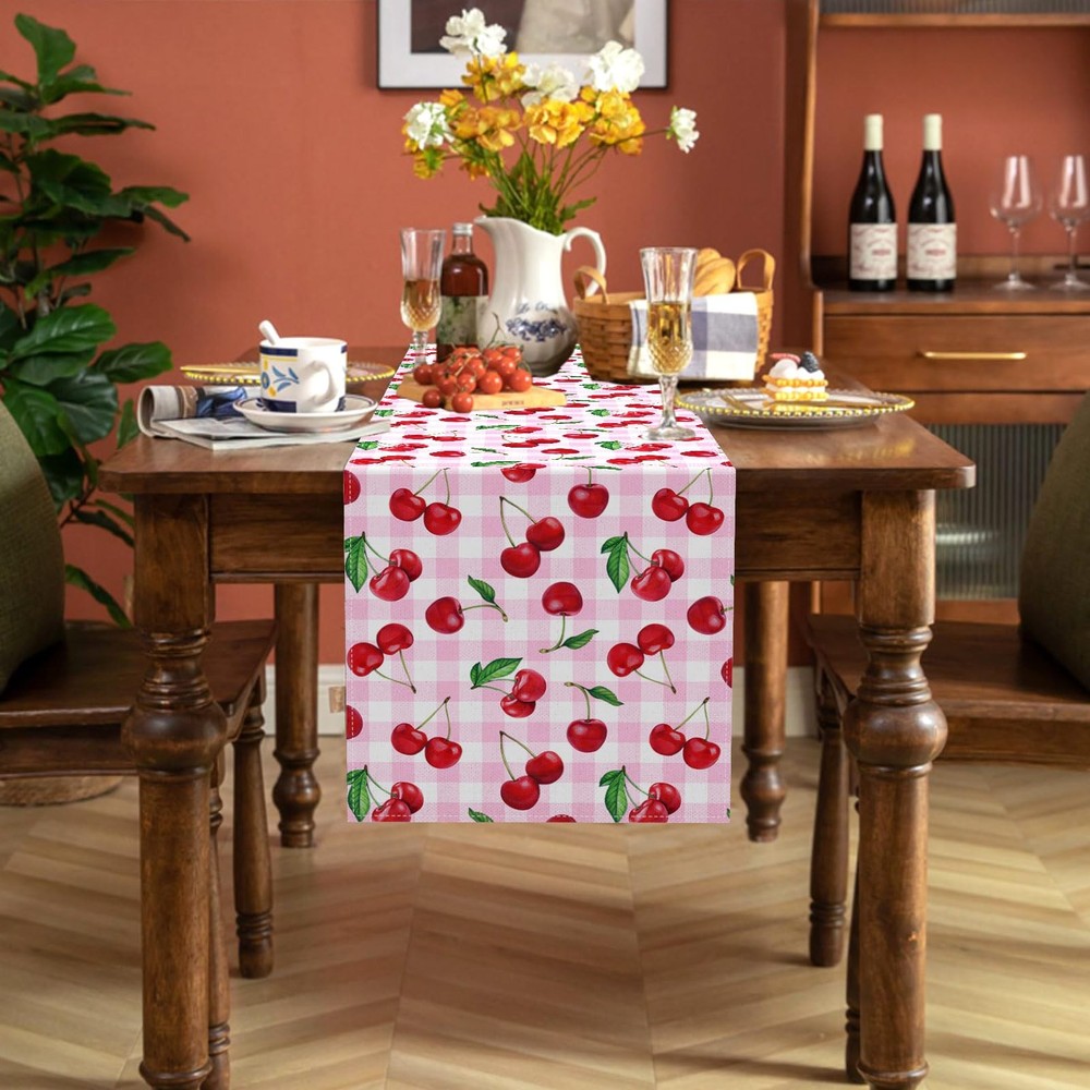 Cherry Table Runner Spring Summer Fruit Party Decorations Dining Room Home Ki...