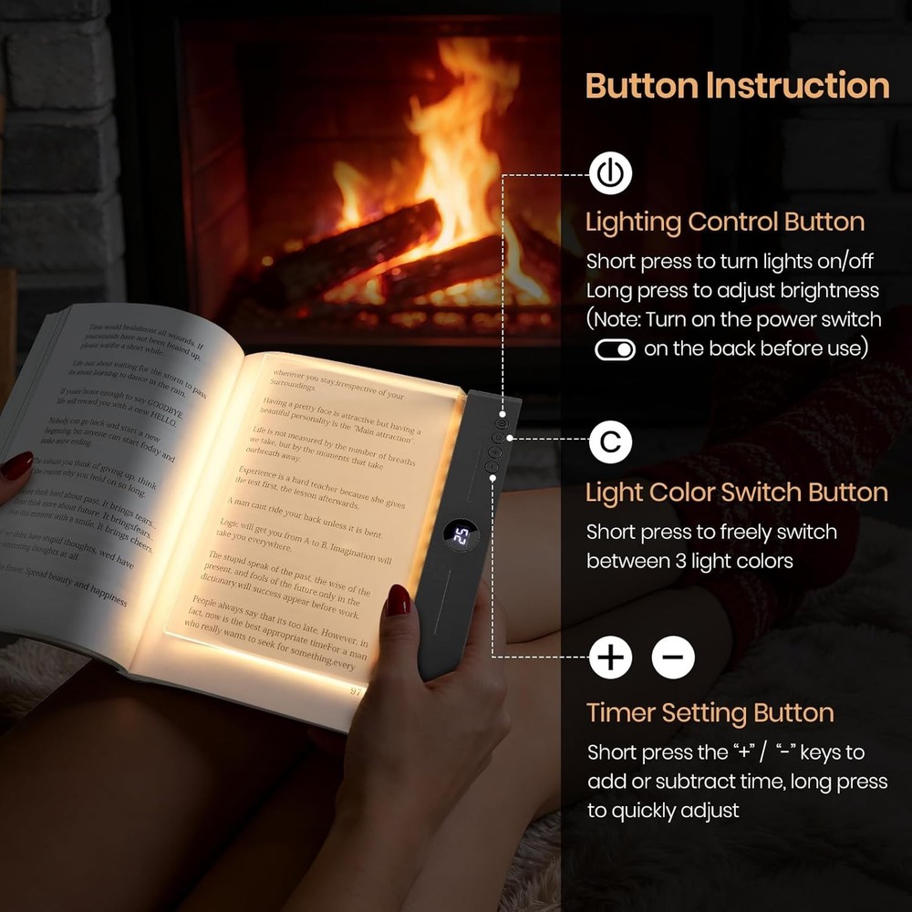 Book Light, Rechargeable Clear LED Flat Reading Light with 3 Colors Timer