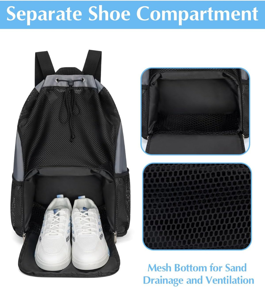 Sandproof Drawstring Backpack with Shoe Compartment and Wet Pocket - Grey
