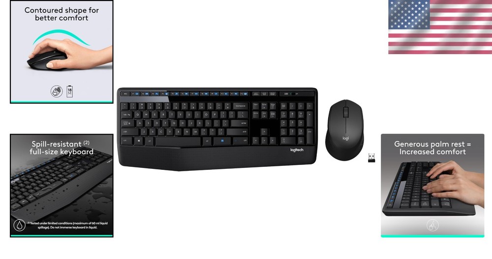Quiet Operation Wireless Keyboard & Mouse Set - Logitech MK345 for Home & Office
