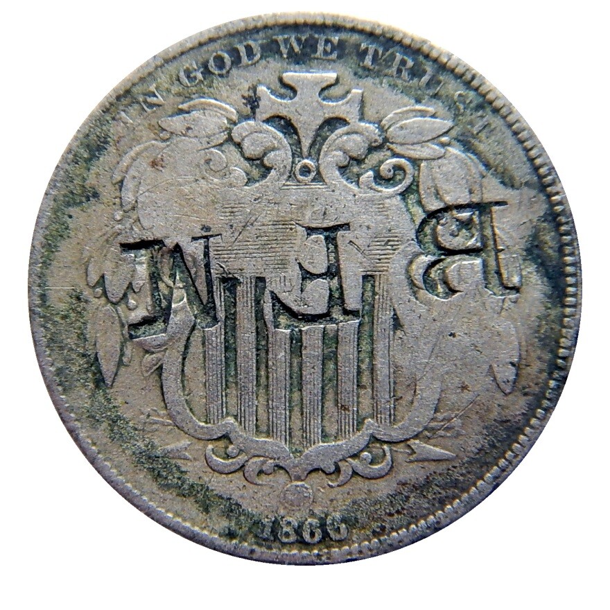 Shield nickel 1866 with rays counterstamp BFM