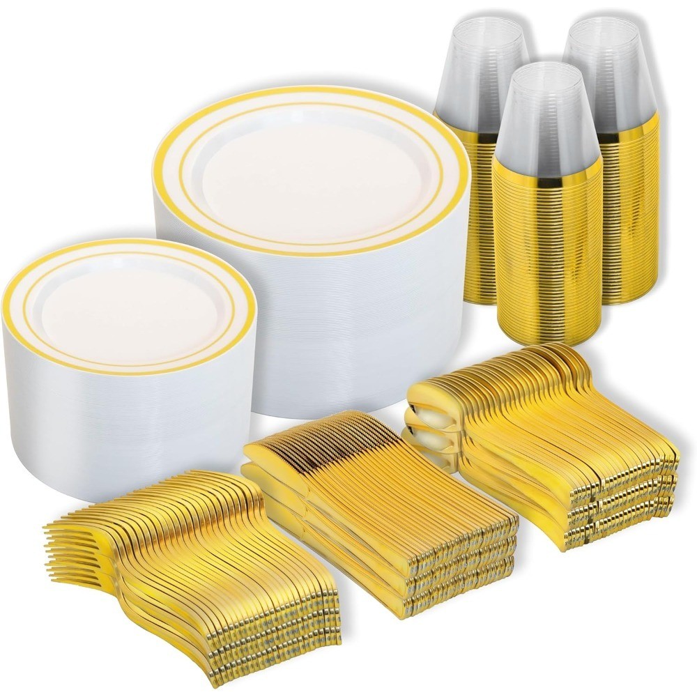 Disposable Plastic Plates Gold Dinnerware Set 600 PCS 100 Dinner Plates Dessert