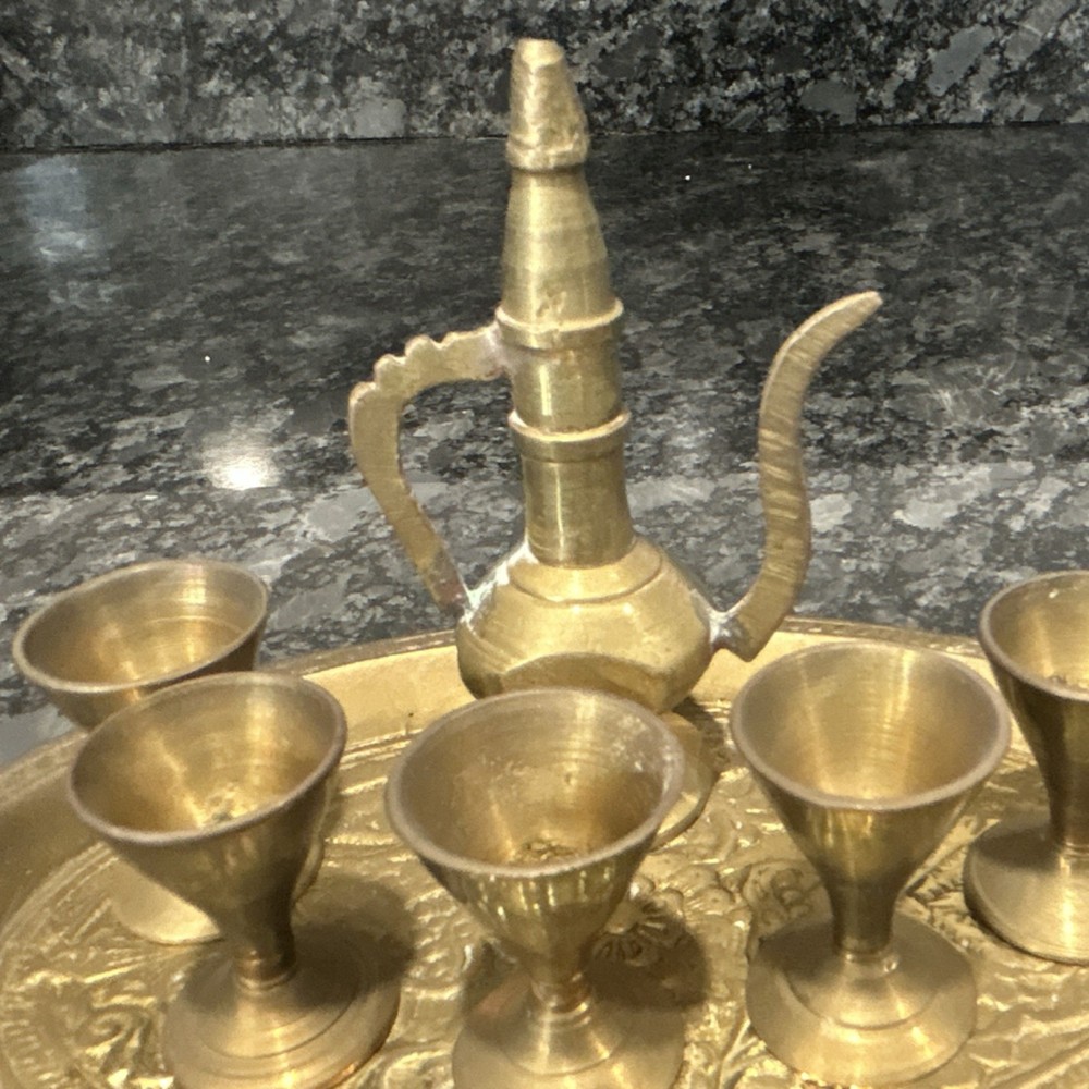 Middle Eastern Brass Miniature Tea Set Tray Pitcher Goblets Traditional Decor
