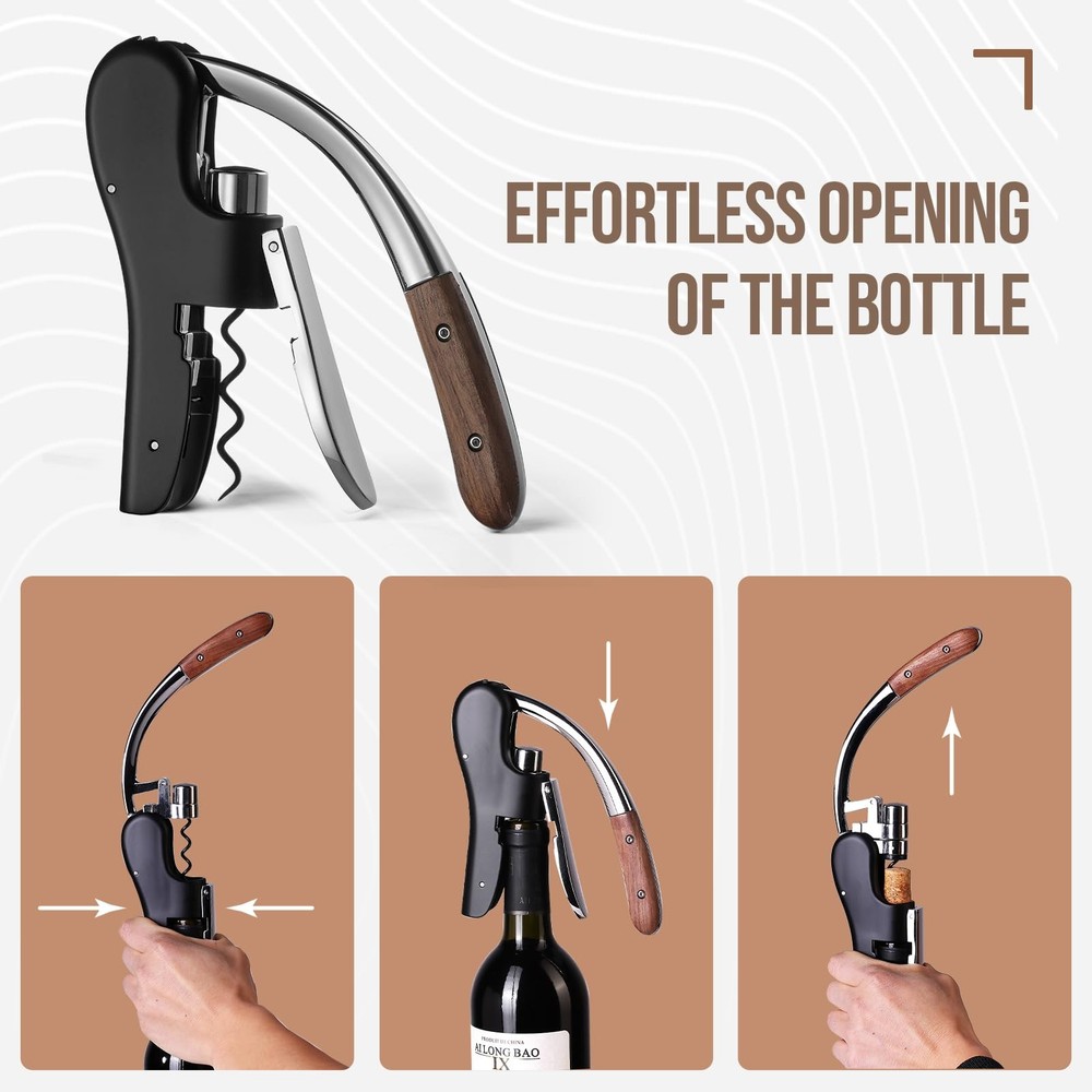 Wine Bottle Opener, Vertical Lever Corkscrew with Built M, Walnut wood handle