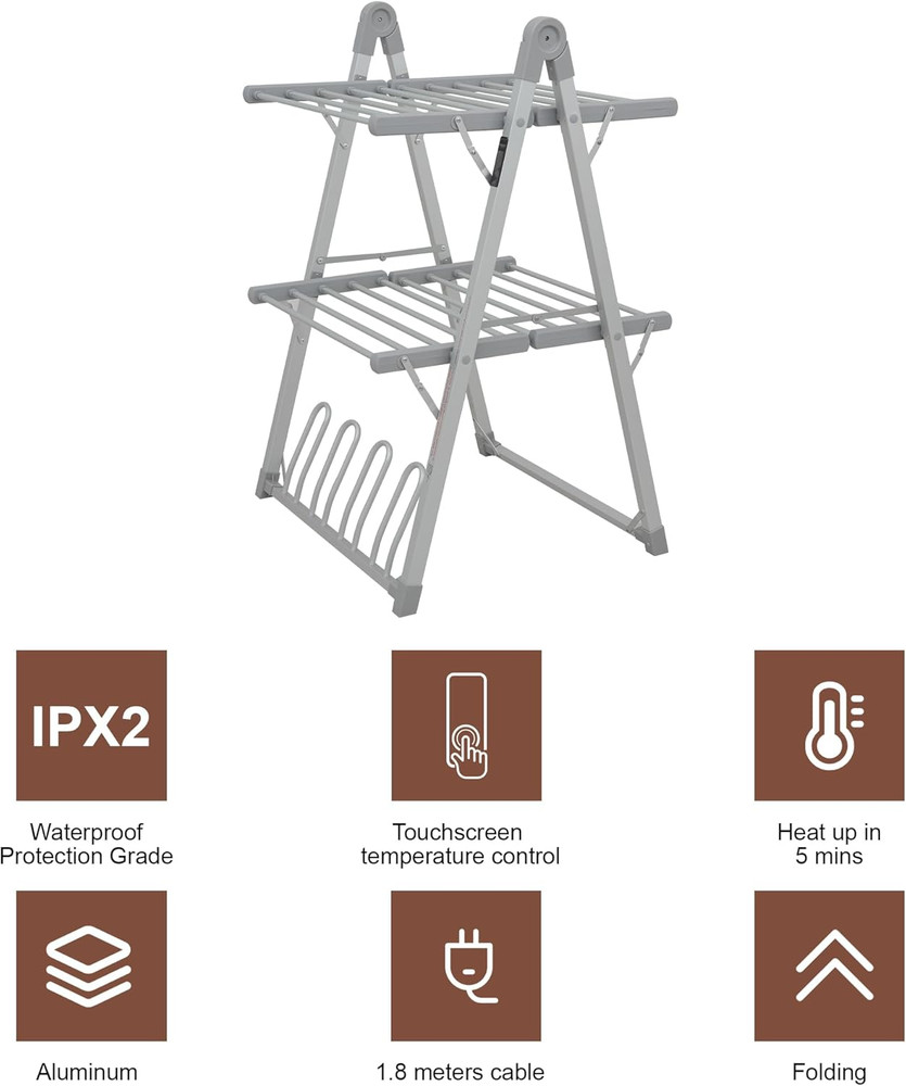 Foldable Electric Heated Clothes Drying Rack with Timer - Silver Gray