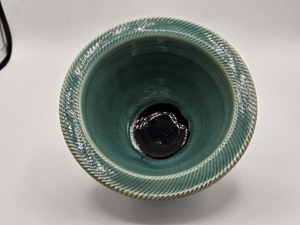 Ceramic Planter Celedon Green Ribbed Design Footed Signed